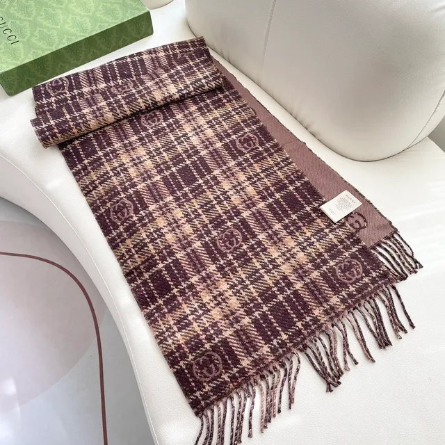 Brown Beige Plaid Pattern Woven Texture Cashmere Scarf 7