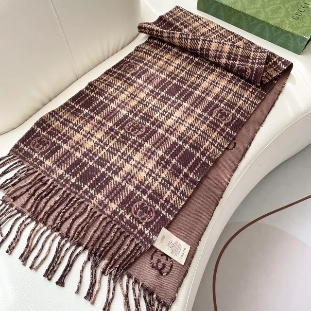 Brown Beige Plaid Pattern Woven Texture Cashmere Scarf 8
