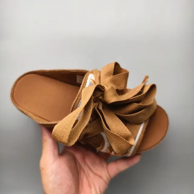 Brown Beige Platform Sole Ribbon Tie Closure Sandals 4