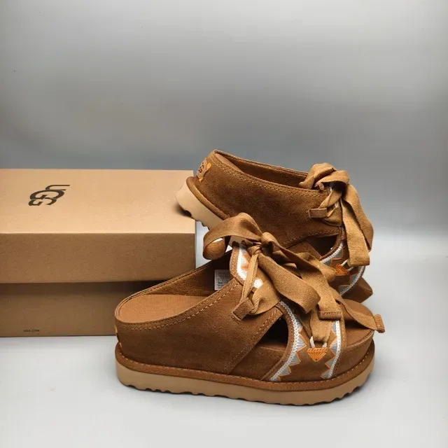 Brown Beige Platform Sole Ribbon Tie Closure Sandals 6