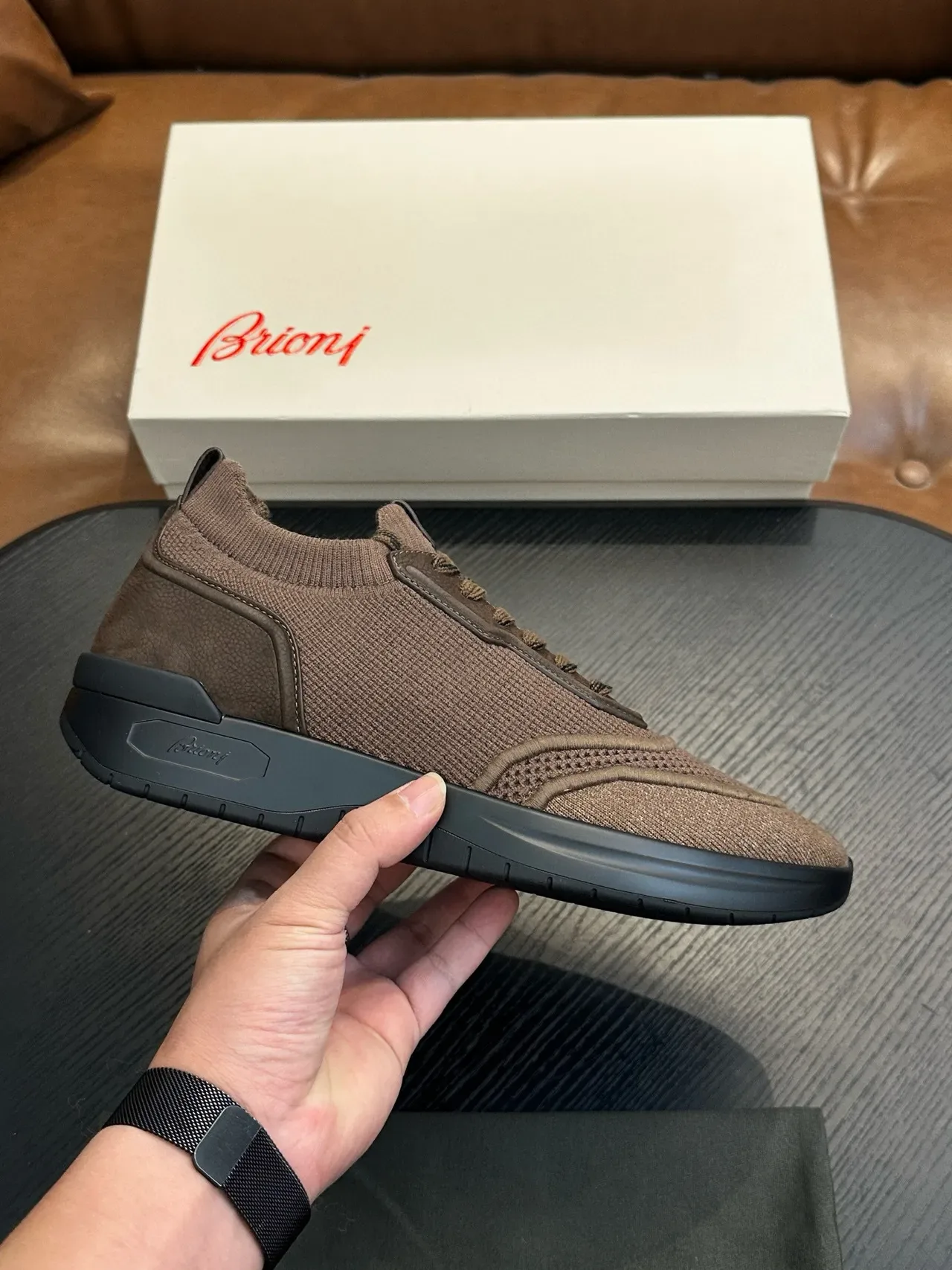Brown Mesh-and-Woven Hybrid Lifestyle Sneakers 2