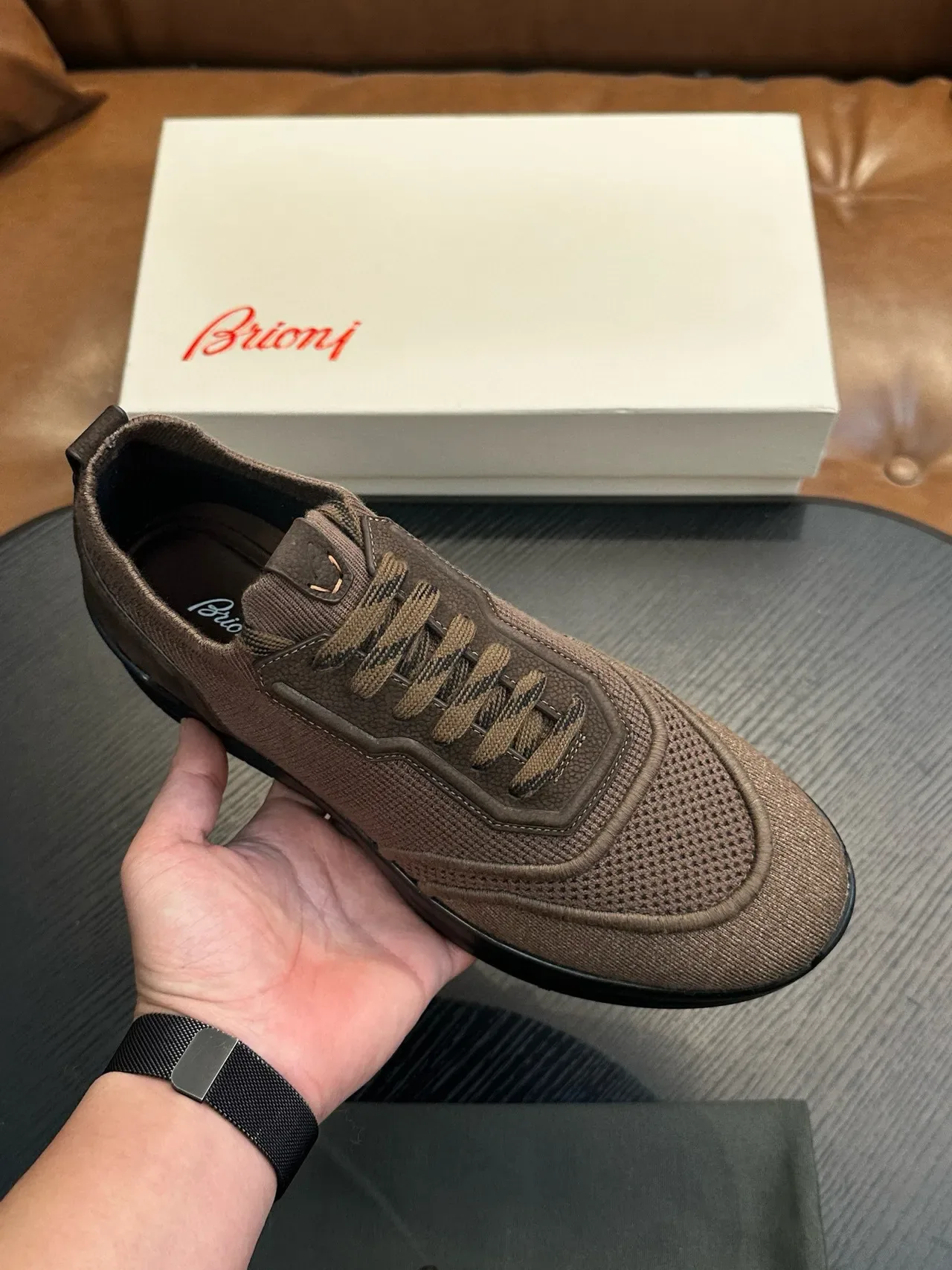 Brown Mesh-and-Woven Hybrid Lifestyle Sneakers 3
