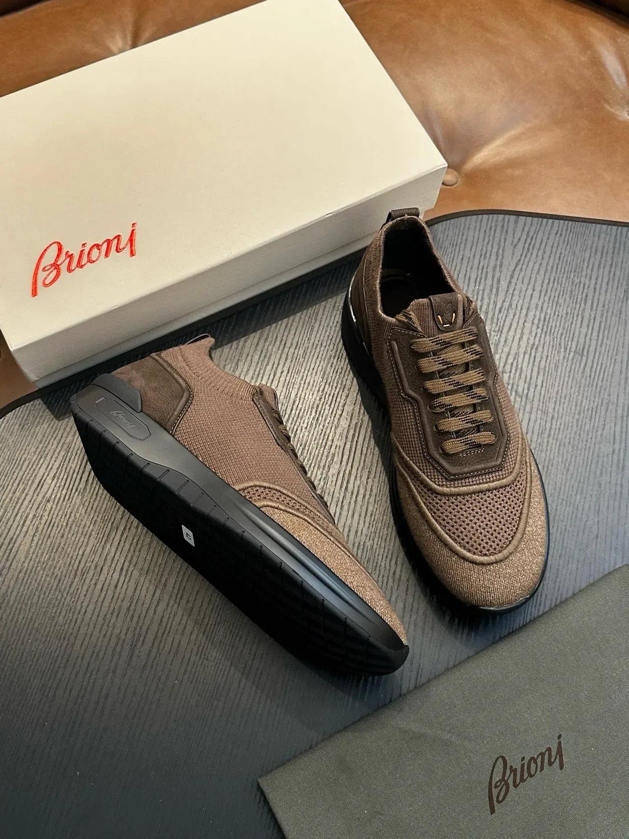 Brown Mesh-and-Woven Hybrid Lifestyle Sneakers 4