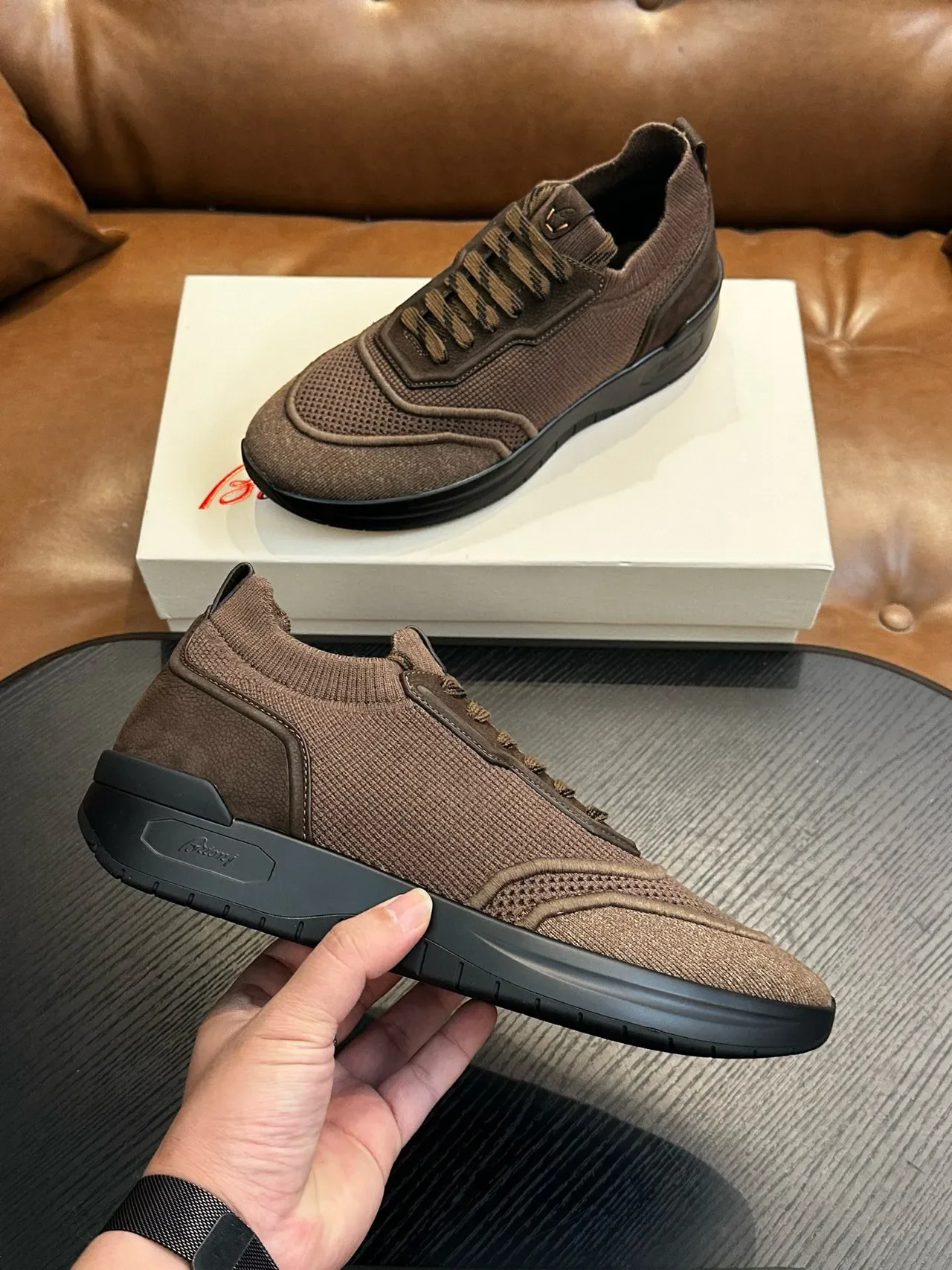 Brown Mesh-and-Woven Hybrid Lifestyle Sneakers 5