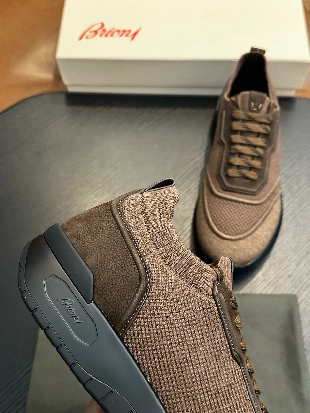 Brown Mesh-and-Woven Hybrid Lifestyle Sneakers 7