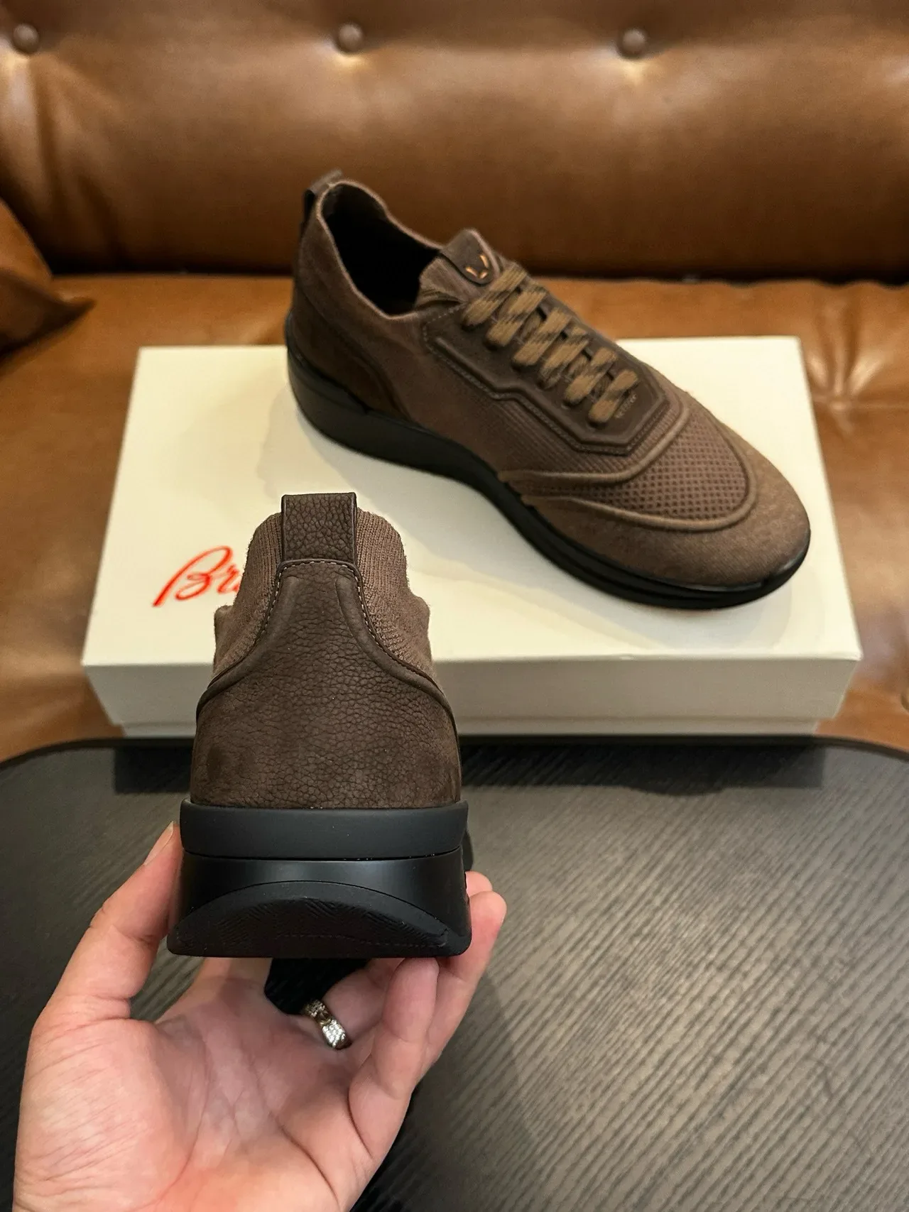 Brown Mesh-and-Woven Hybrid Lifestyle Sneakers 8