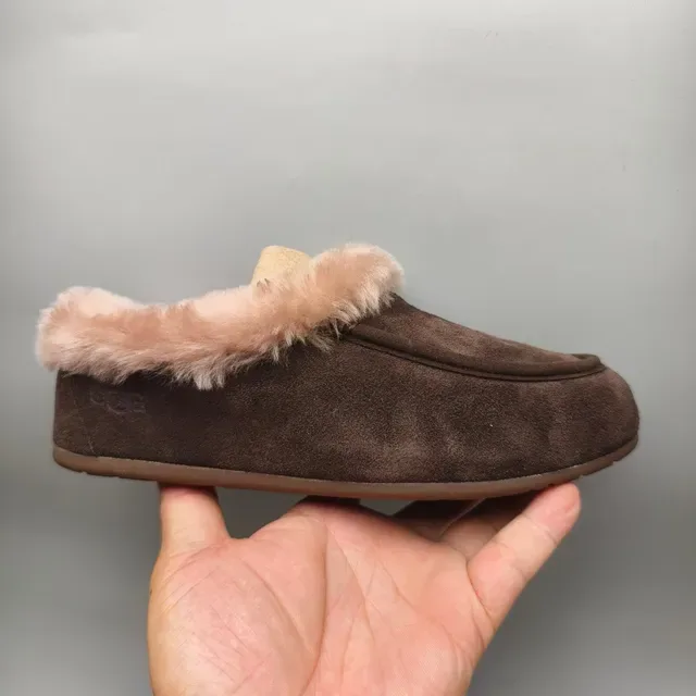 Brown Pink Suede Upper Plush Faux Fur Collar Loafer 2
