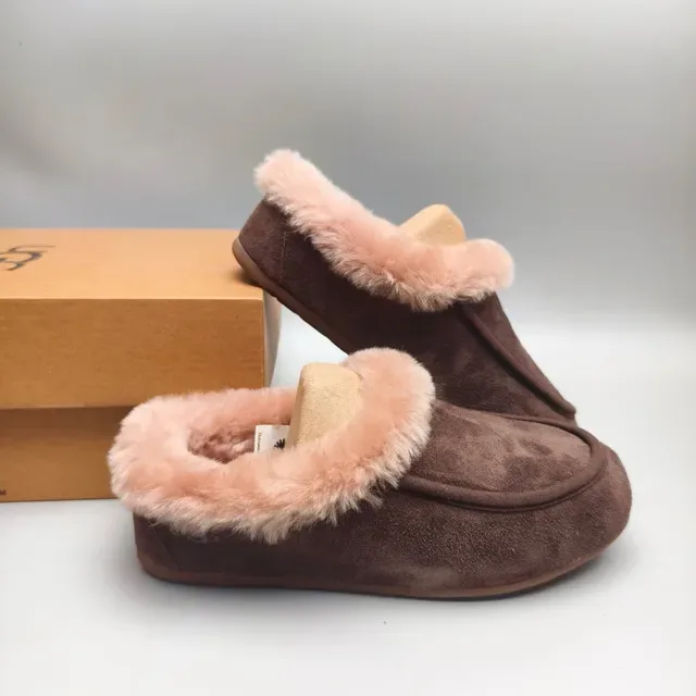Brown Pink Suede Upper Plush Faux Fur Collar Loafer 6