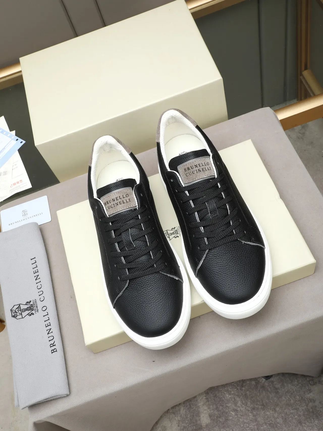 Brunello Cucinelli Black Pebbled Leather Taupe Accents Lifestyle Sneaker 2
