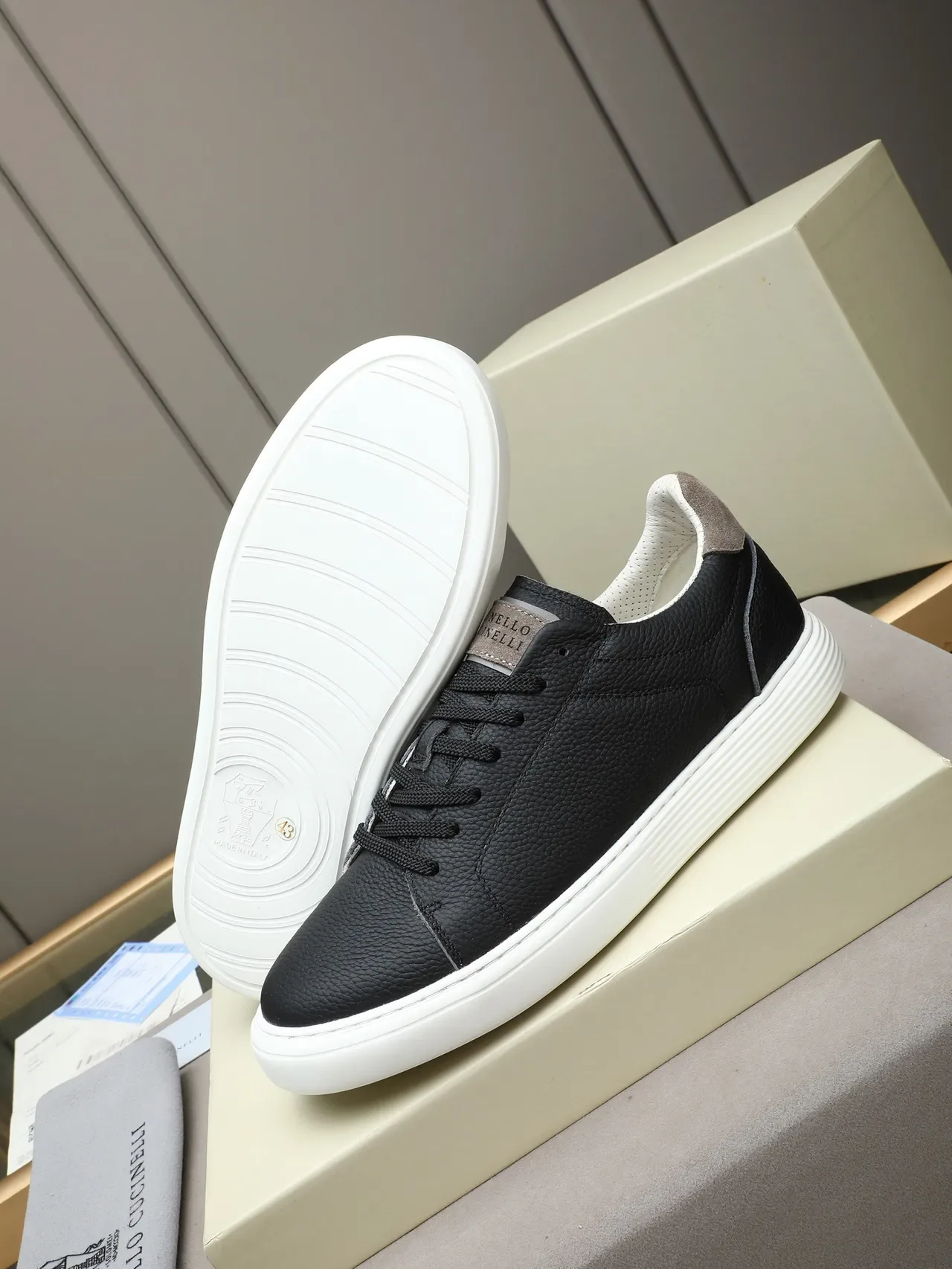 Brunello Cucinelli Black Pebbled Leather Taupe Accents Lifestyle Sneaker 4