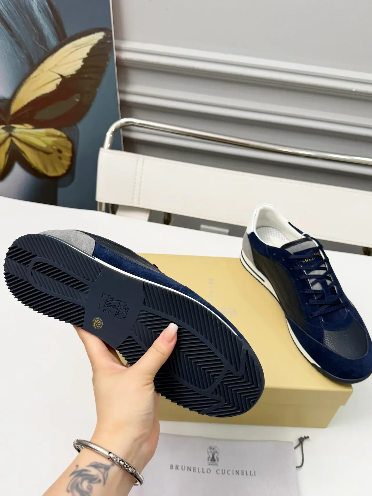 Brunello Cucinelli Navy and Gray Mixed-Material Lifestyle Sneakers 2