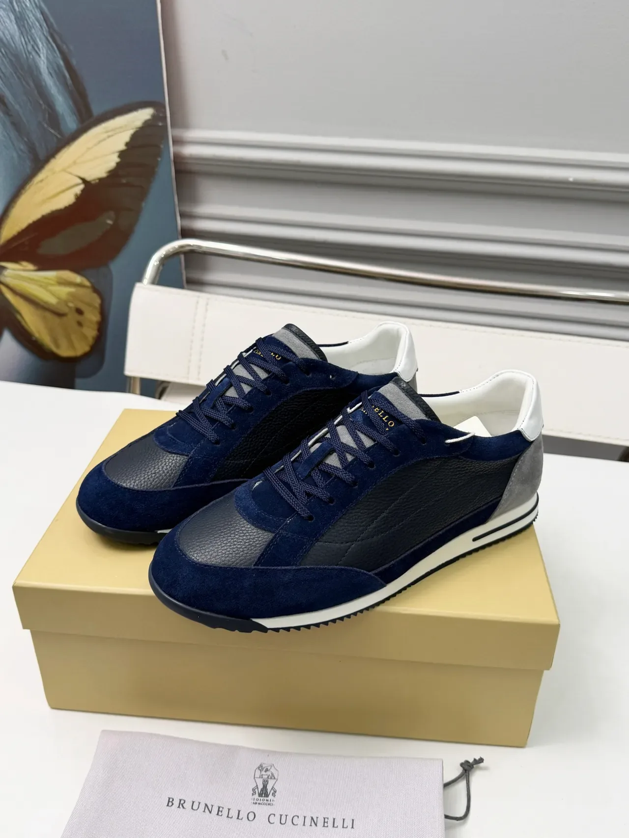 Brunello Cucinelli Navy and Gray Mixed-Material Lifestyle Sneakers 4
