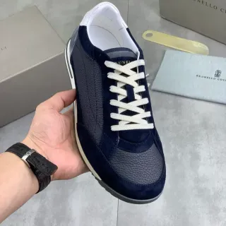 Brunello Cucinelli Navy Suede and Pebbled Leather Lifestyle Sneaker