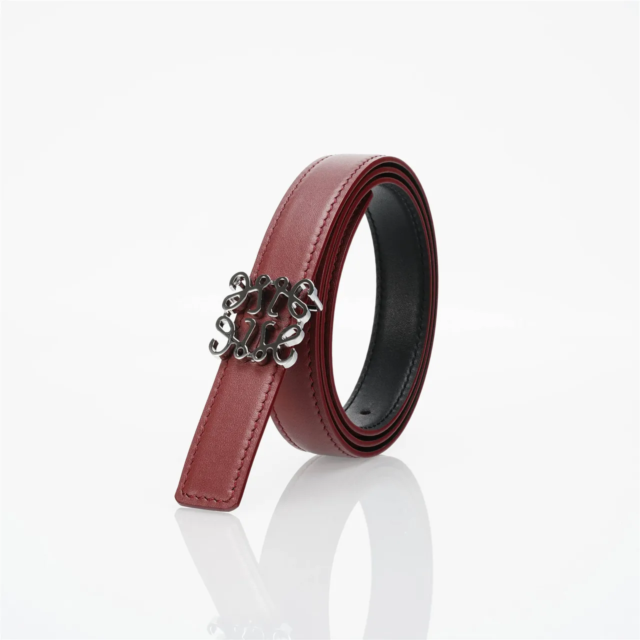 Ceinture en cuir slim avec détail de couture sur le bord couleur bordeaux noir 6