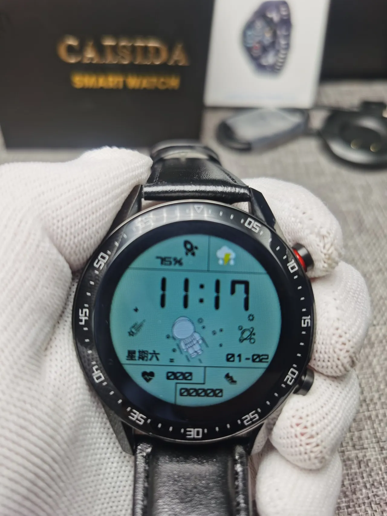 CAISIDA Smart Watch Black Leather Strap Round Digital Display Sports Watch 4