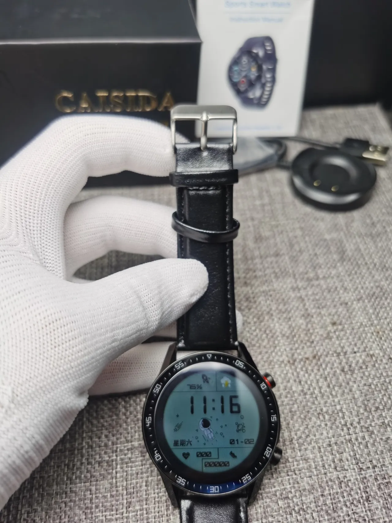 CAISIDA Smart Watch Black Leather Strap Round Digital Display Sports Watch 5