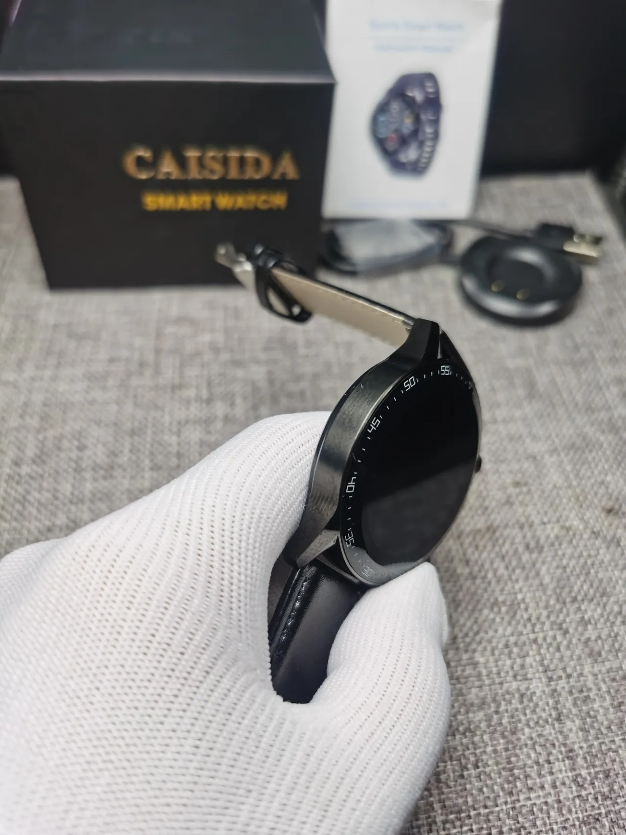 CAISIDA Smart Watch Black Leather Strap Round Digital Display Sports Watch 7