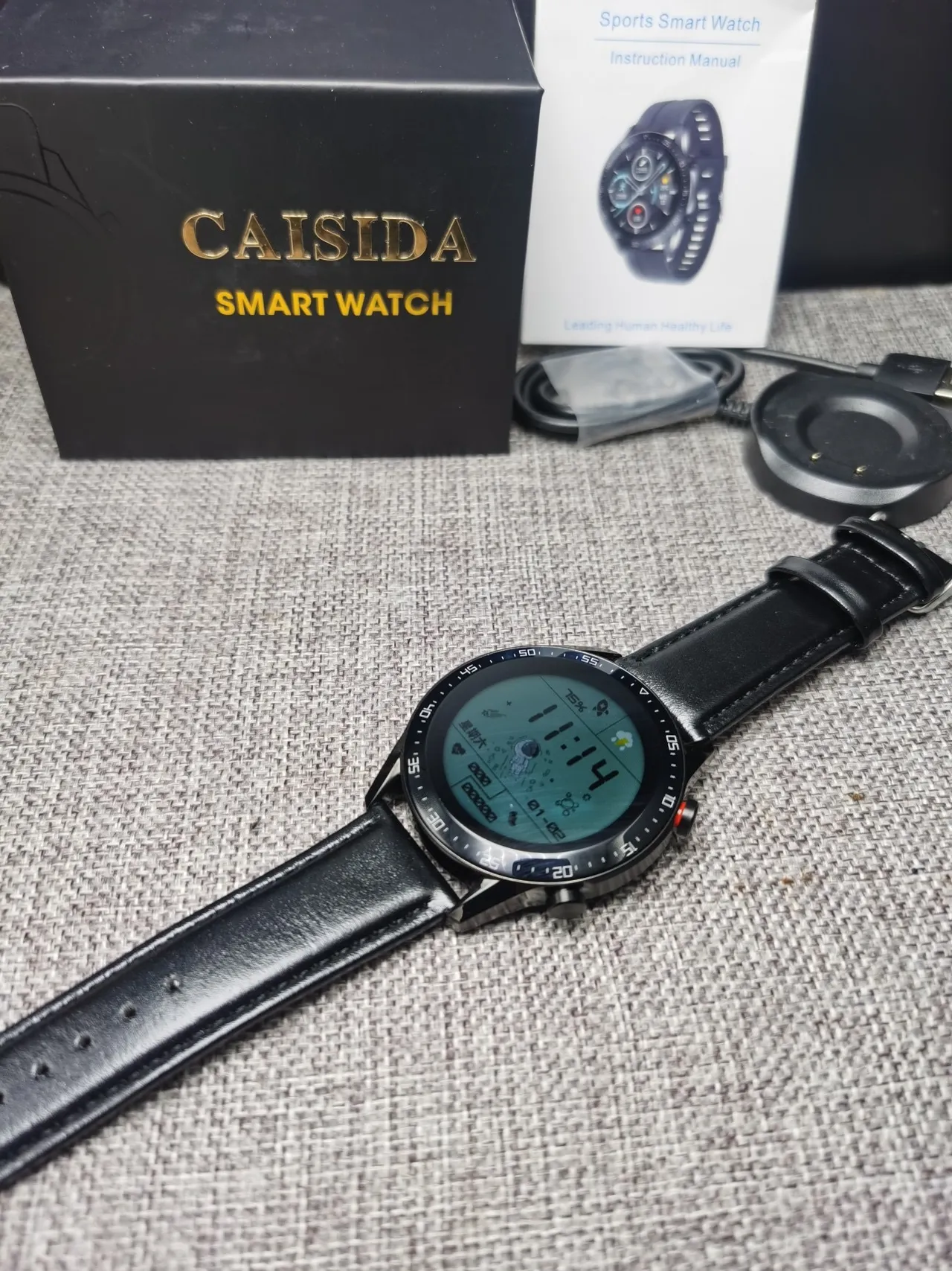 CAISIDA Smart Watch Black Leather Strap Round Digital Display Sports Watch 9