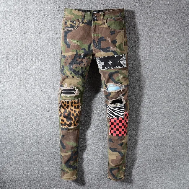 Camouflage Patchwork Distressed Ripped Jeans 16