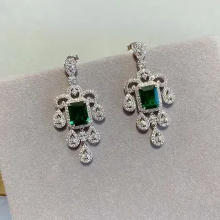Chandelier-Style Emerald-Cut Green Gemstone Pavé Halo Teardrop Dangle Earrings
