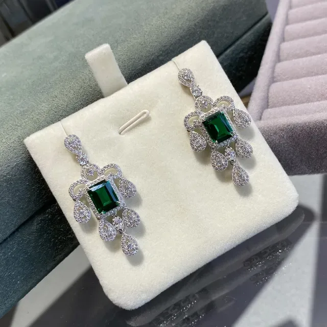 Chandelier-Style Emerald-Cut Green Gemstone Pavé Halo Teardrop Dangle Earrings 2