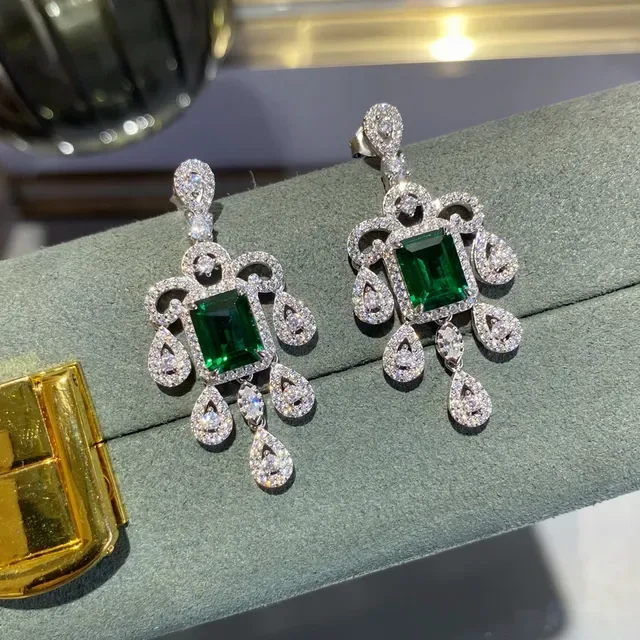 Chandelier-Style Emerald-Cut Green Gemstone Pavé Halo Teardrop Dangle Earrings 3