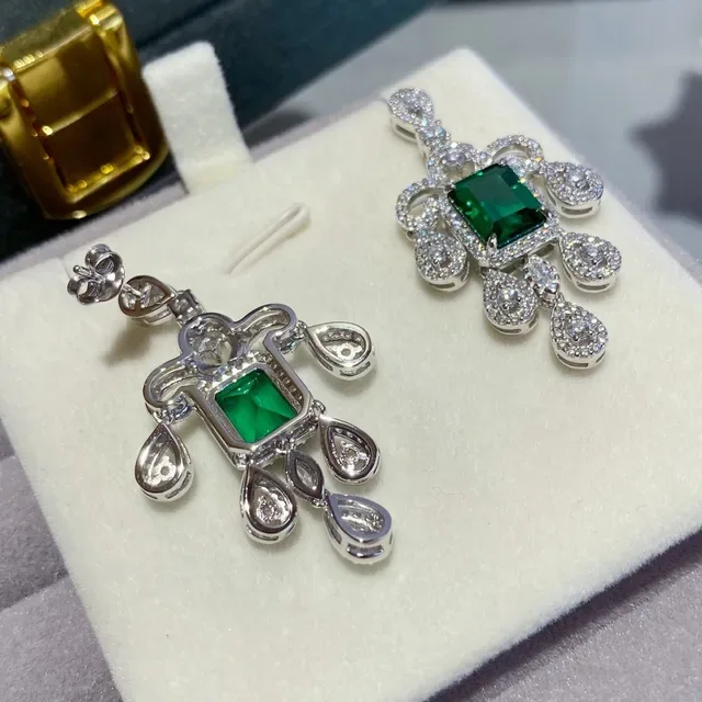 Chandelier-Style Emerald-Cut Green Gemstone Pavé Halo Teardrop Dangle Earrings 4