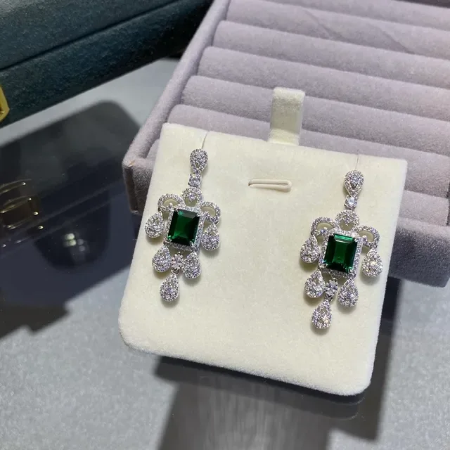 Chandelier-Style Emerald-Cut Green Gemstone Pavé Halo Teardrop Dangle Earrings 5