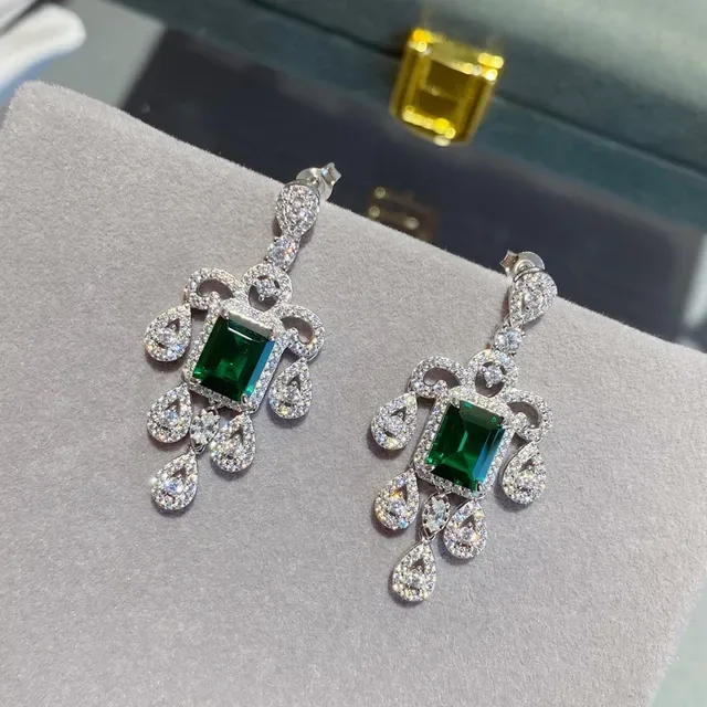 Chandelier-Style Emerald-Cut Green Gemstone Pavé Halo Teardrop Dangle Earrings 6