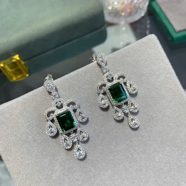 Chandelier-Style Emerald-Cut Green Gemstone Pavé Halo Teardrop Dangle Earrings 7
