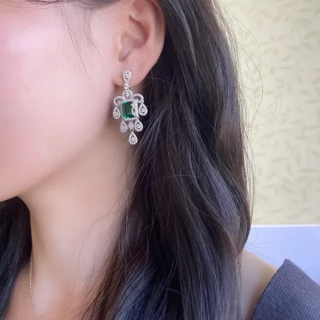 Chandelier-Style Emerald-Cut Green Gemstone Pavé Halo Teardrop Dangle Earrings 8