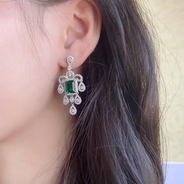 Chandelier-Style Emerald-Cut Green Gemstone Pavé Halo Teardrop Dangle Earrings 9