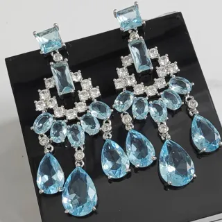 Chandelier-Style Multi-Tiered Blue Gemstone and Clear Stone Earrings