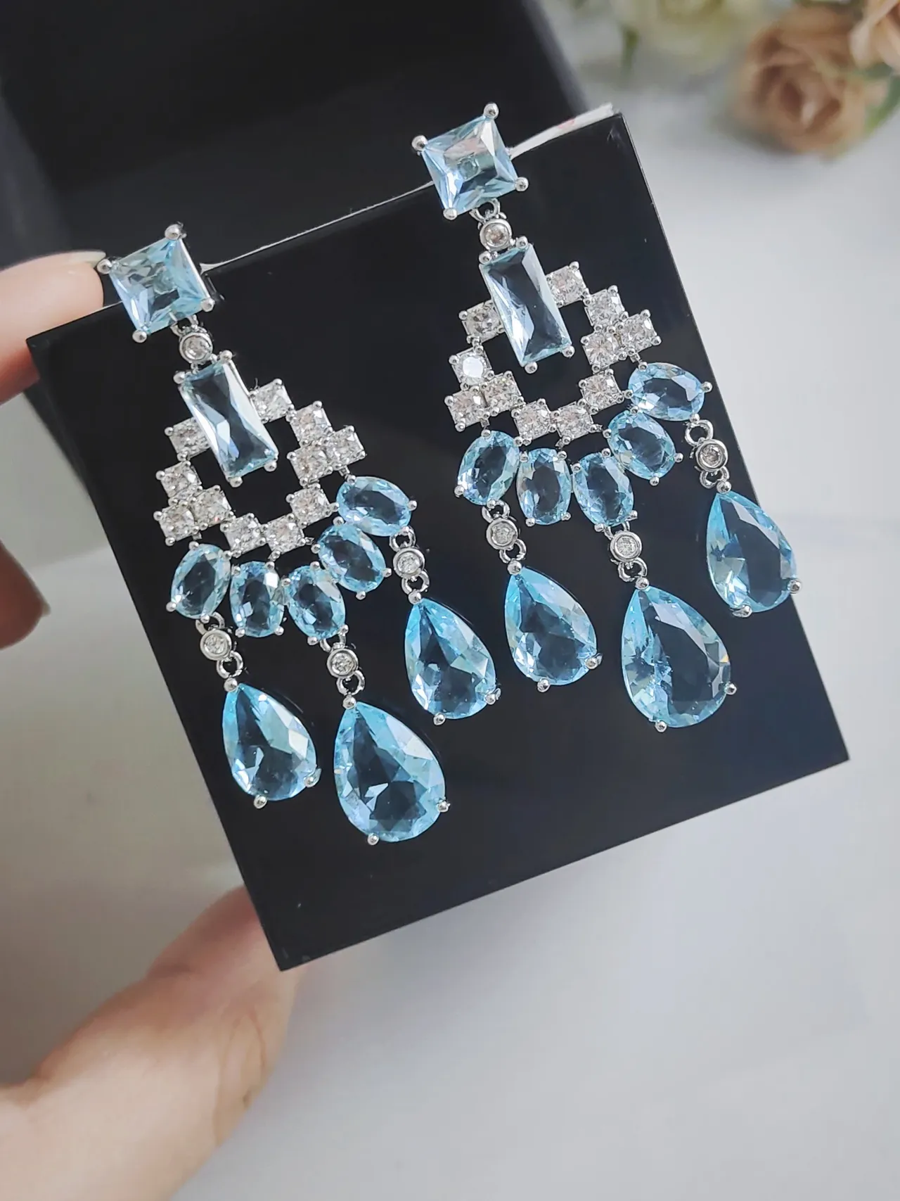 Chandelier-Style Multi-Tiered Blue Gemstone and Clear Stone Earrings 2