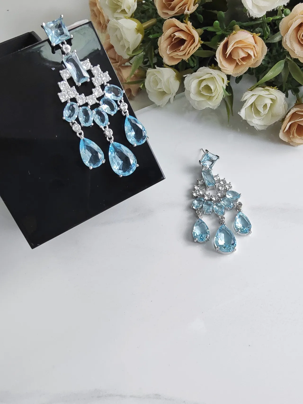 Chandelier-Style Multi-Tiered Blue Gemstone and Clear Stone Earrings 3