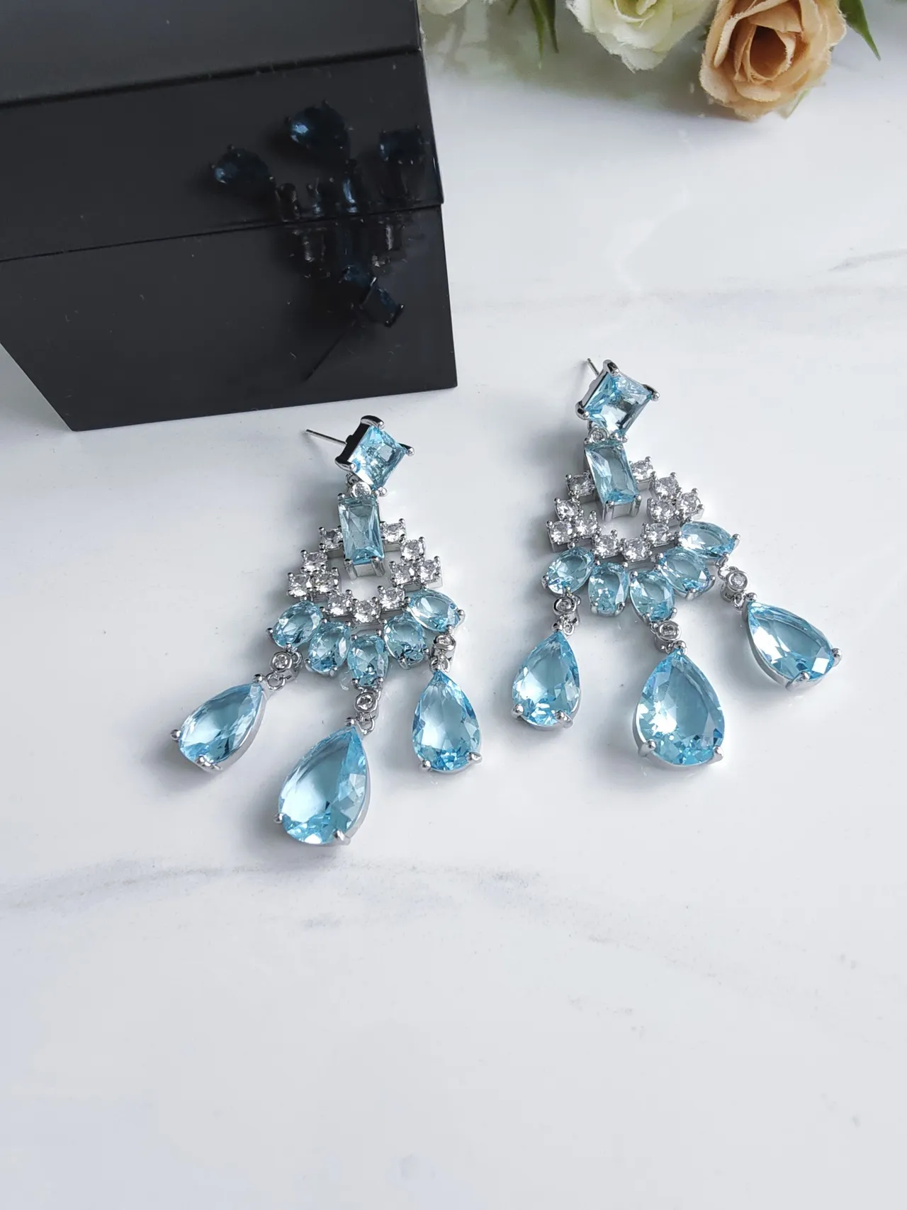 Chandelier-Style Multi-Tiered Blue Gemstone and Clear Stone Earrings 5