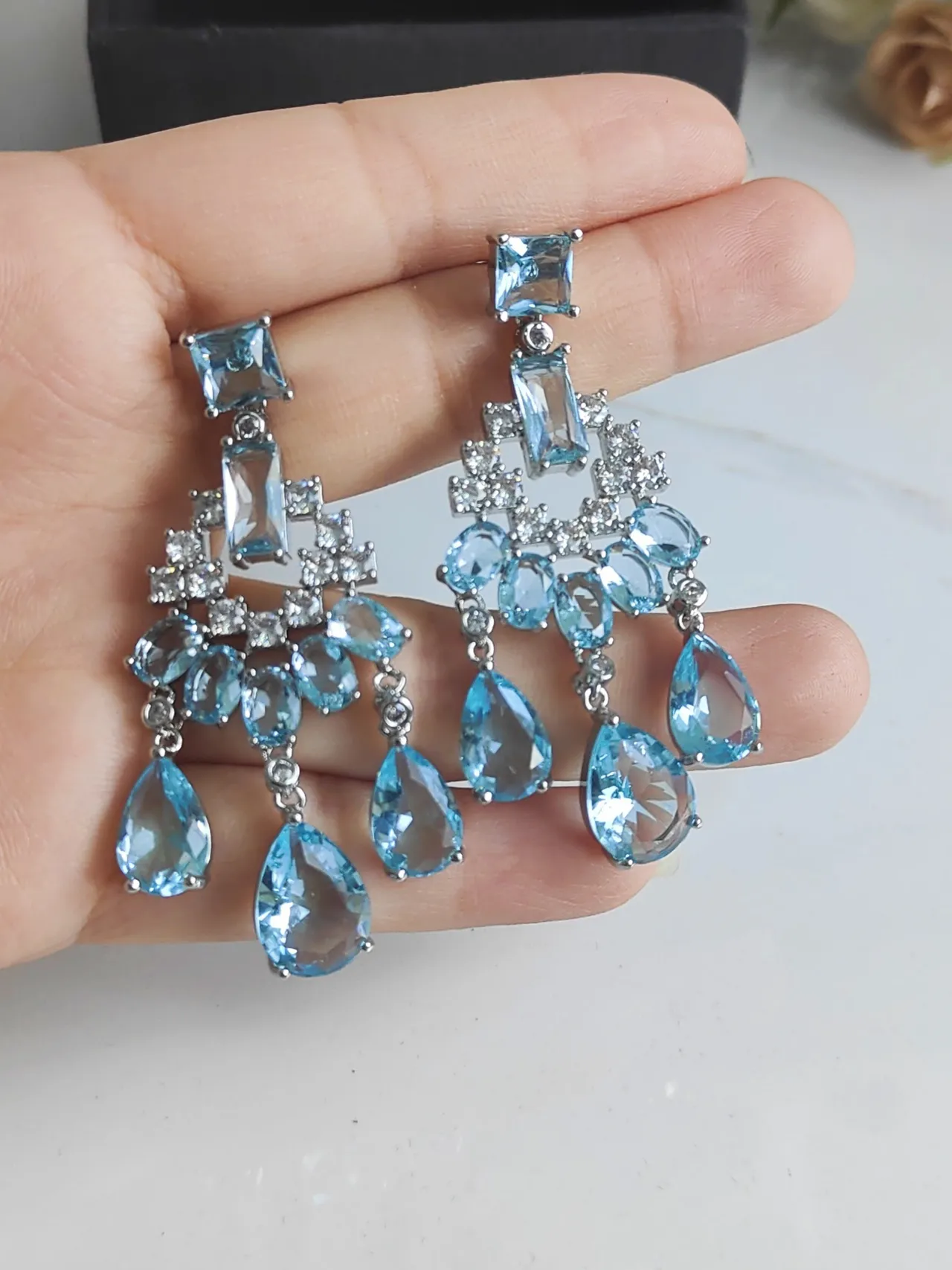 Chandelier-Style Multi-Tiered Blue Gemstone and Clear Stone Earrings 6