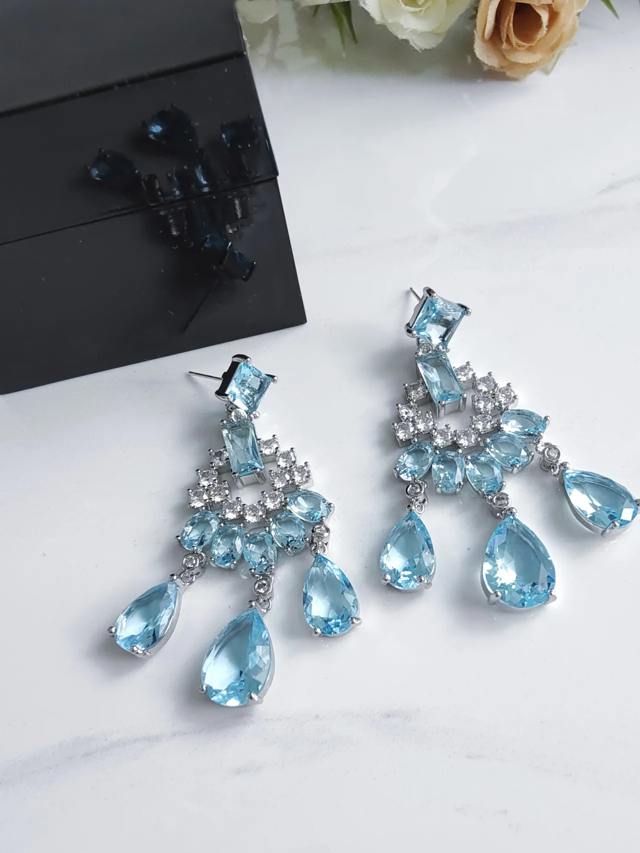 Chandelier-Style Multi-Tiered Blue Gemstone and Clear Stone Earrings 7