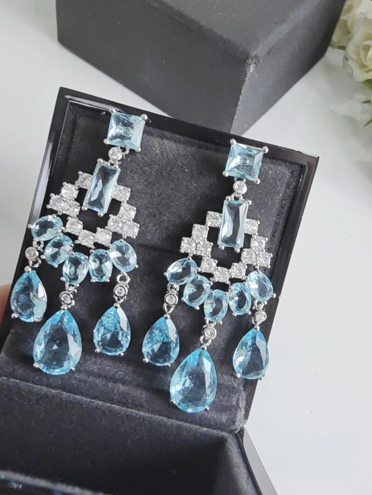 Chandelier-Style Multi-Tiered Blue Gemstone and Clear Stone Earrings 9