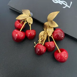Cherry Motif Glossy Red and Gold-Tone Cluster Earrings