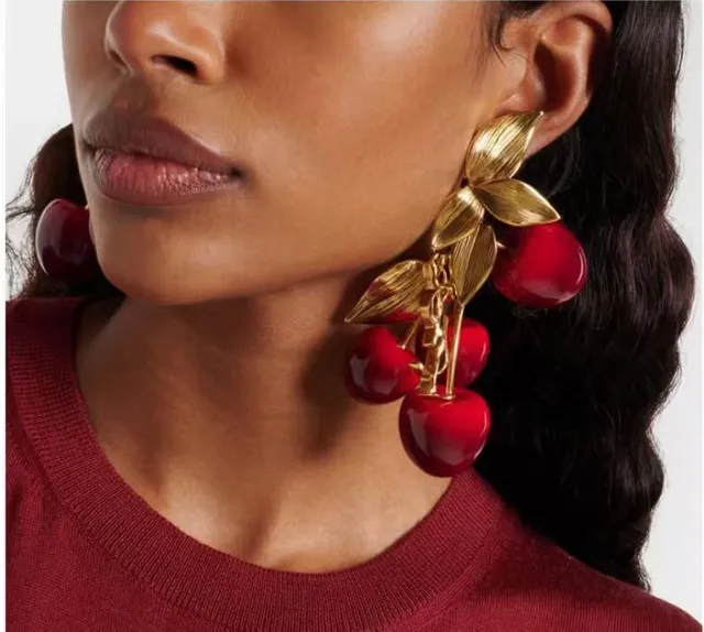 Cherry Motif Glossy Red and Gold-Tone Cluster Earrings 2