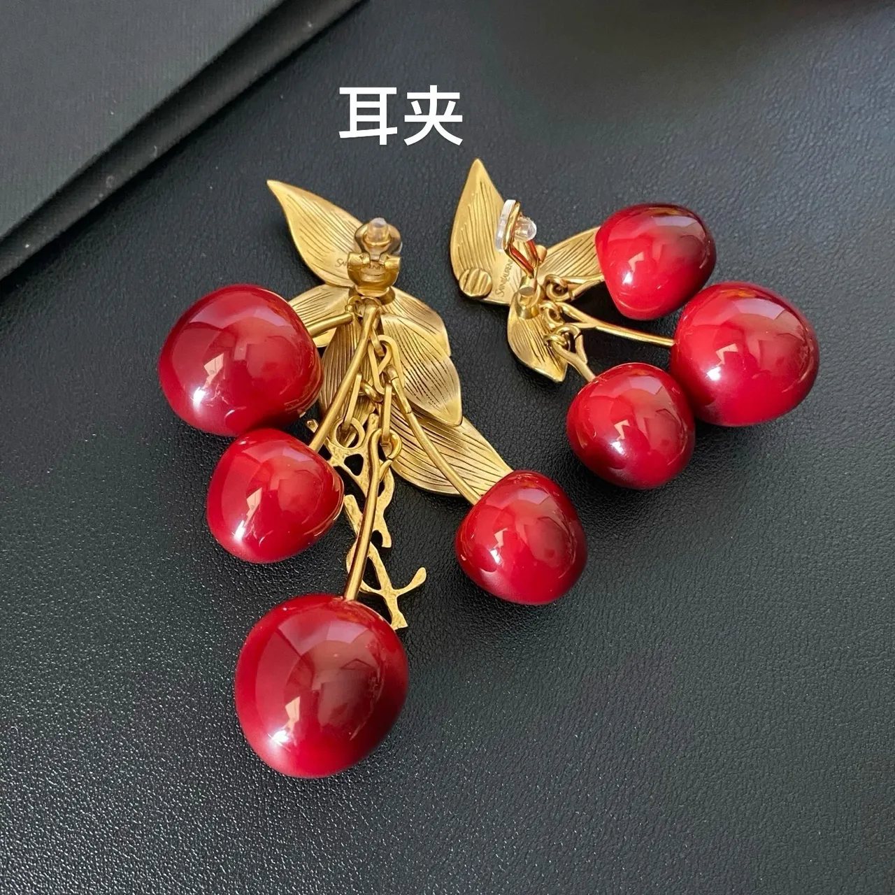 Cherry Motif Glossy Red and Gold-Tone Cluster Earrings 5