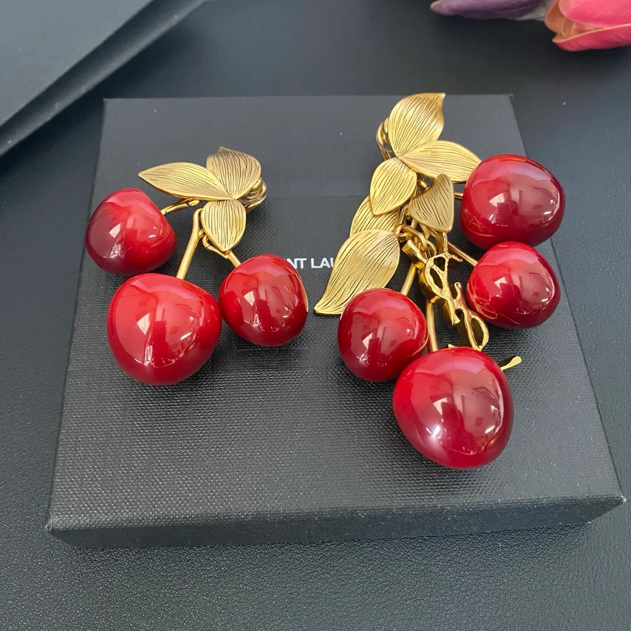 Cherry Motif Glossy Red and Gold-Tone Cluster Earrings 6