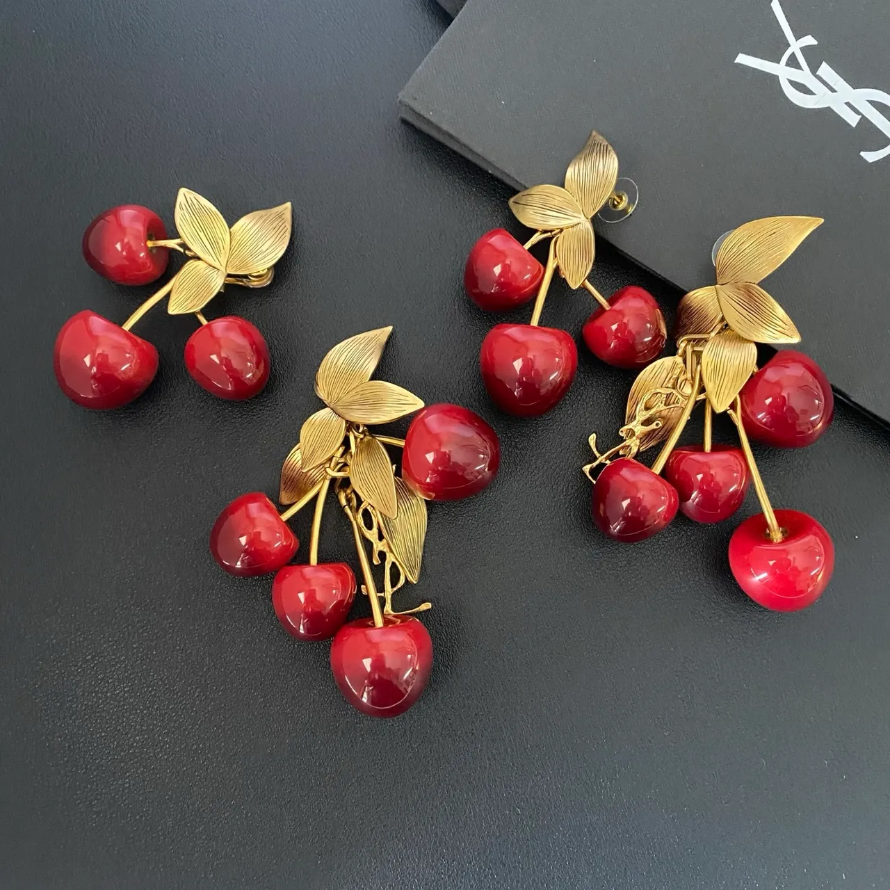 Cherry Motif Glossy Red and Gold-Tone Cluster Earrings 7