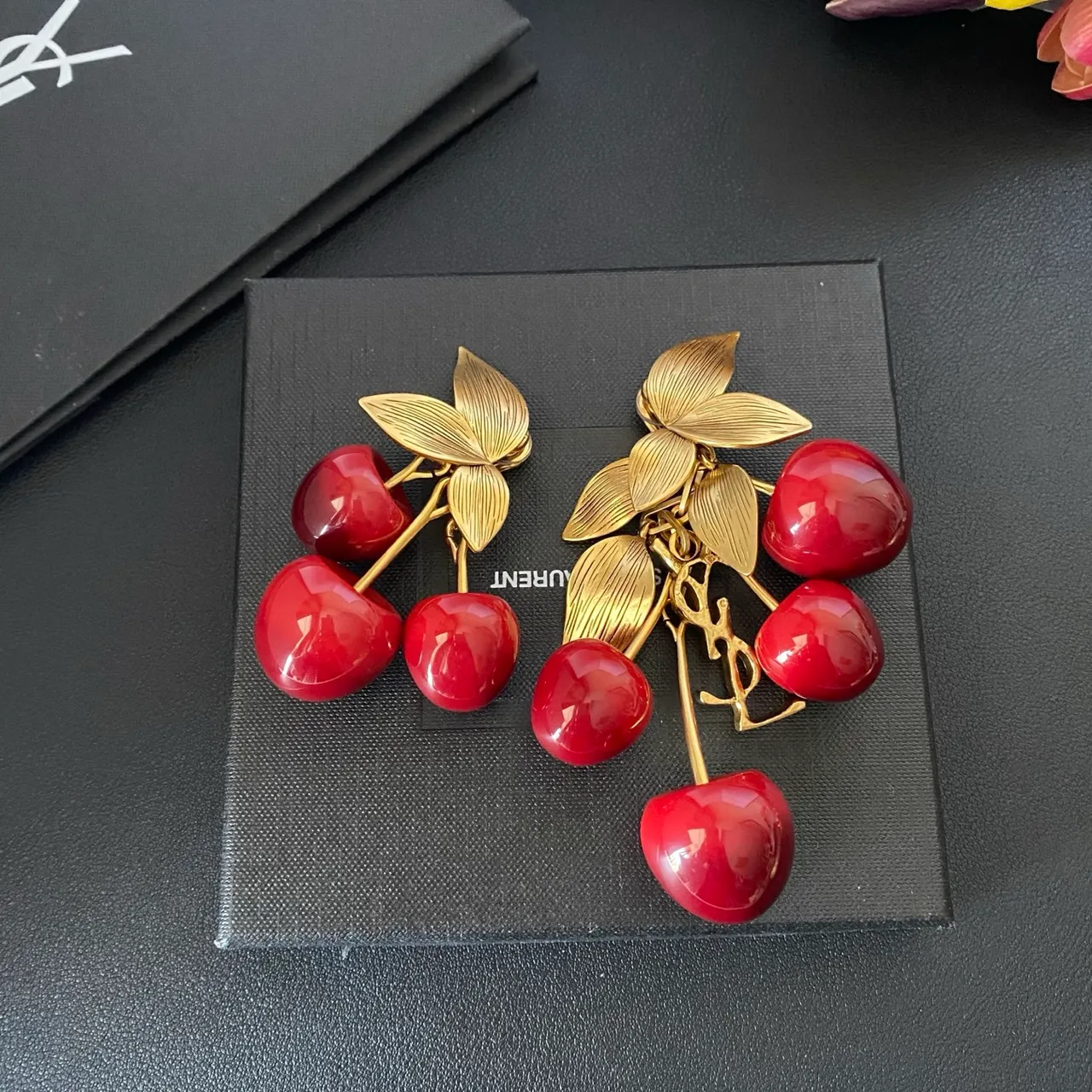 Cherry Motif Glossy Red and Gold-Tone Cluster Earrings 8