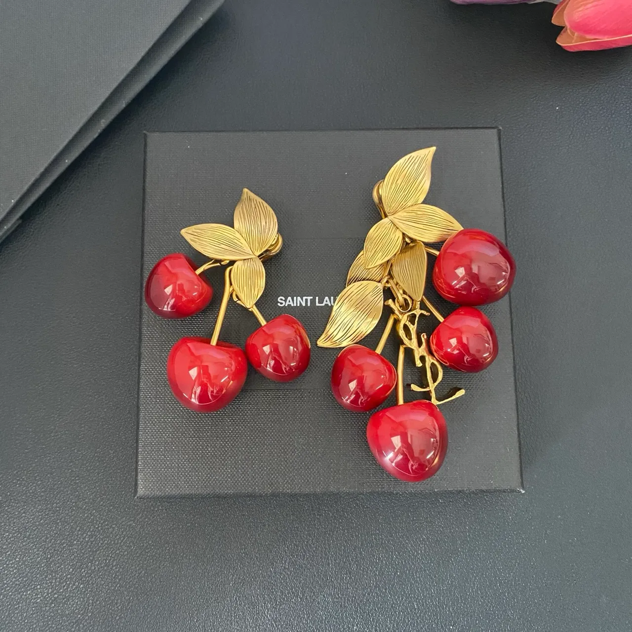 Cherry Motif Glossy Red and Gold-Tone Cluster Earrings 9
