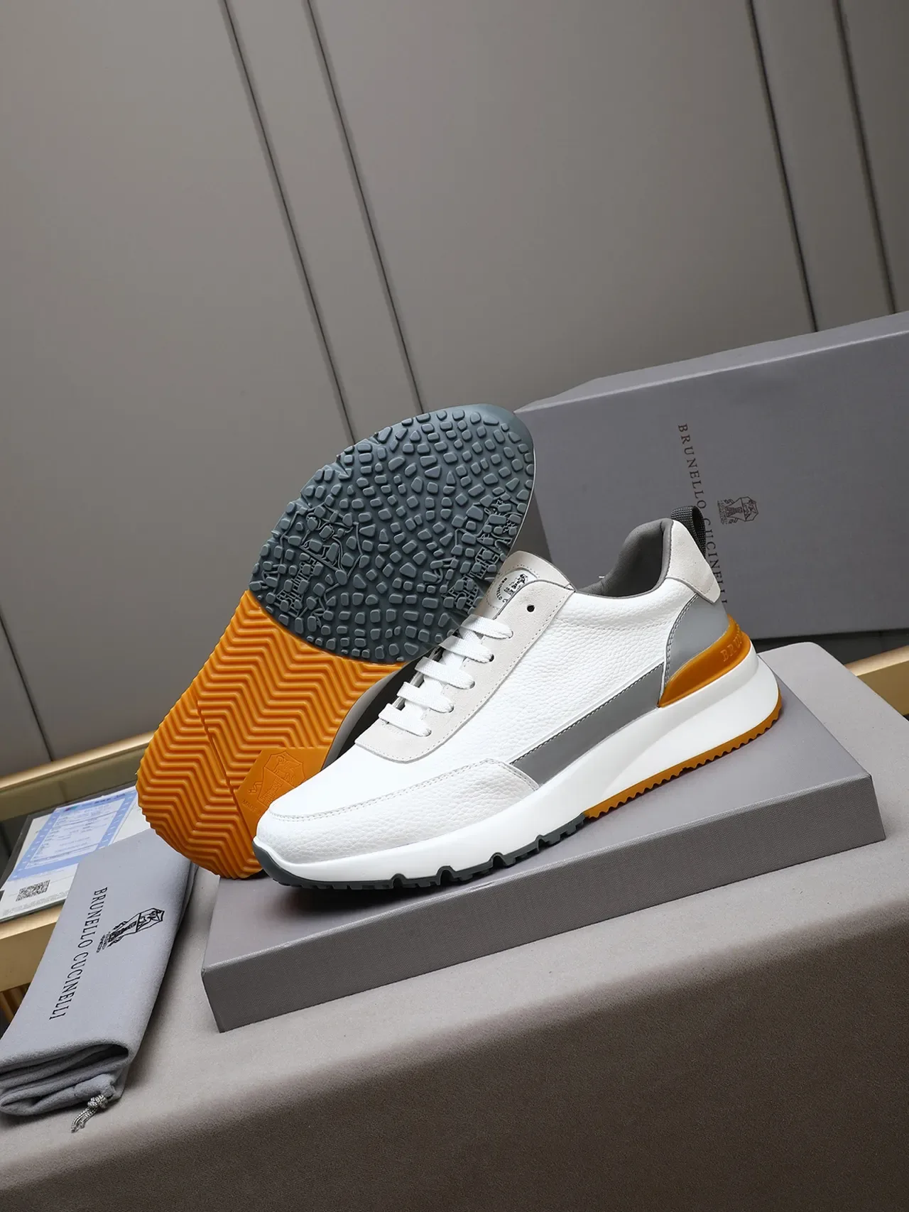 CINELLI White Gray Textured Leather Upper Side Stripe Sneakers 4