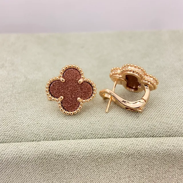 Clover-Shaped Glitter Brown Stone Stud Earrings 4