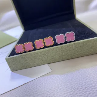 Clover-Shaped Pink Enamel Beaded Bezels Stud Earrings