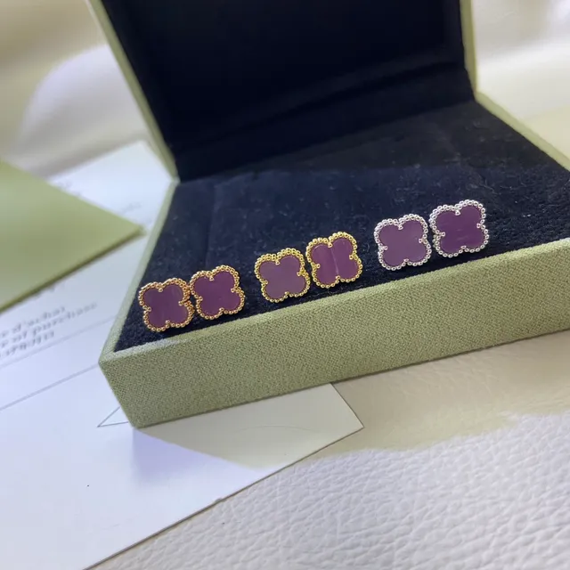 Clover-Shaped Pink Enamel Beaded Bezels Stud Earrings 3